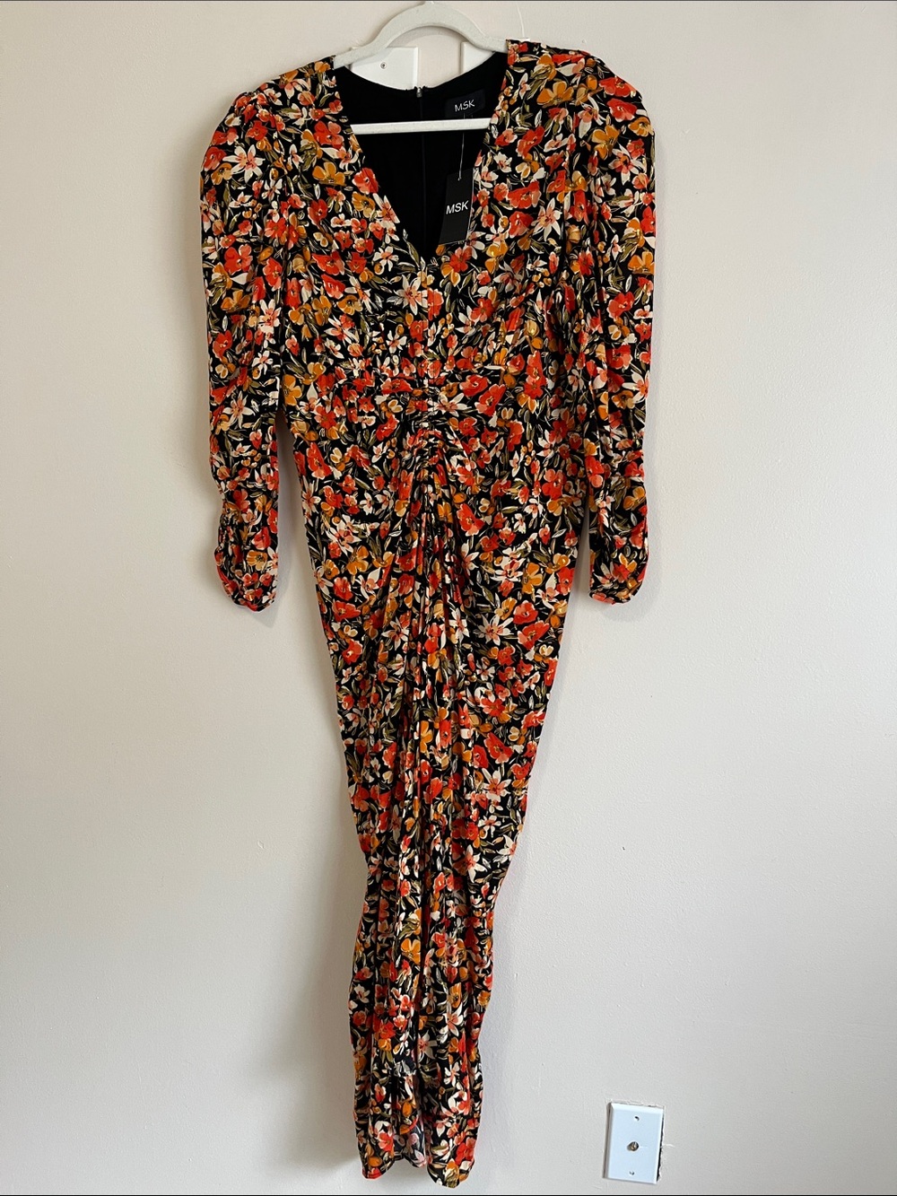 WMSK Floral Ruched Black Orange Midi Dress